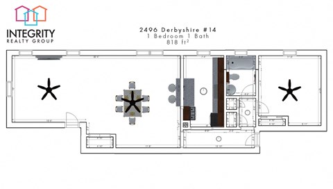 Floor plan for 1 bed, 1 bath, 823 sqft